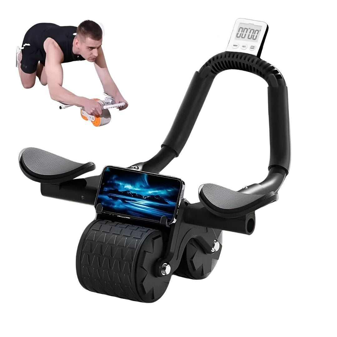 Rodillo abdominal con apoyabrazos, cronómetro y alfombrilla para rodillas